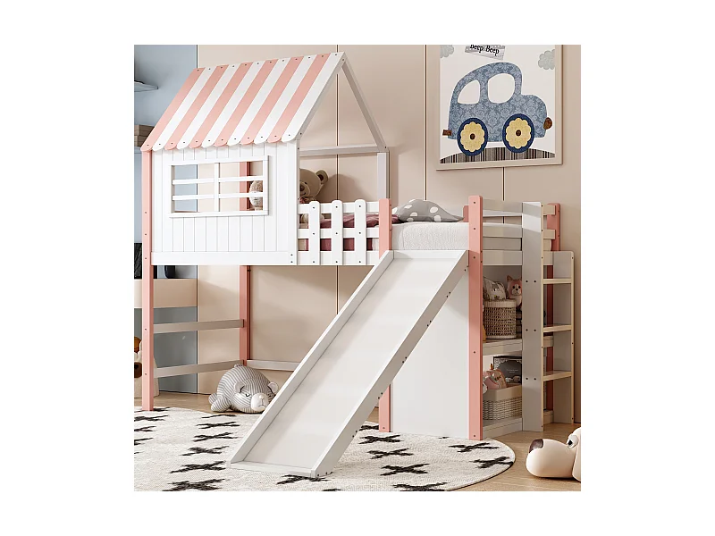 Letto a soppalco per bambini 90x200 cm, design del tetto con scala di sicurezza e scivolo, contenitore multifunzionale, legno massello, rosa (208x219x219cm)