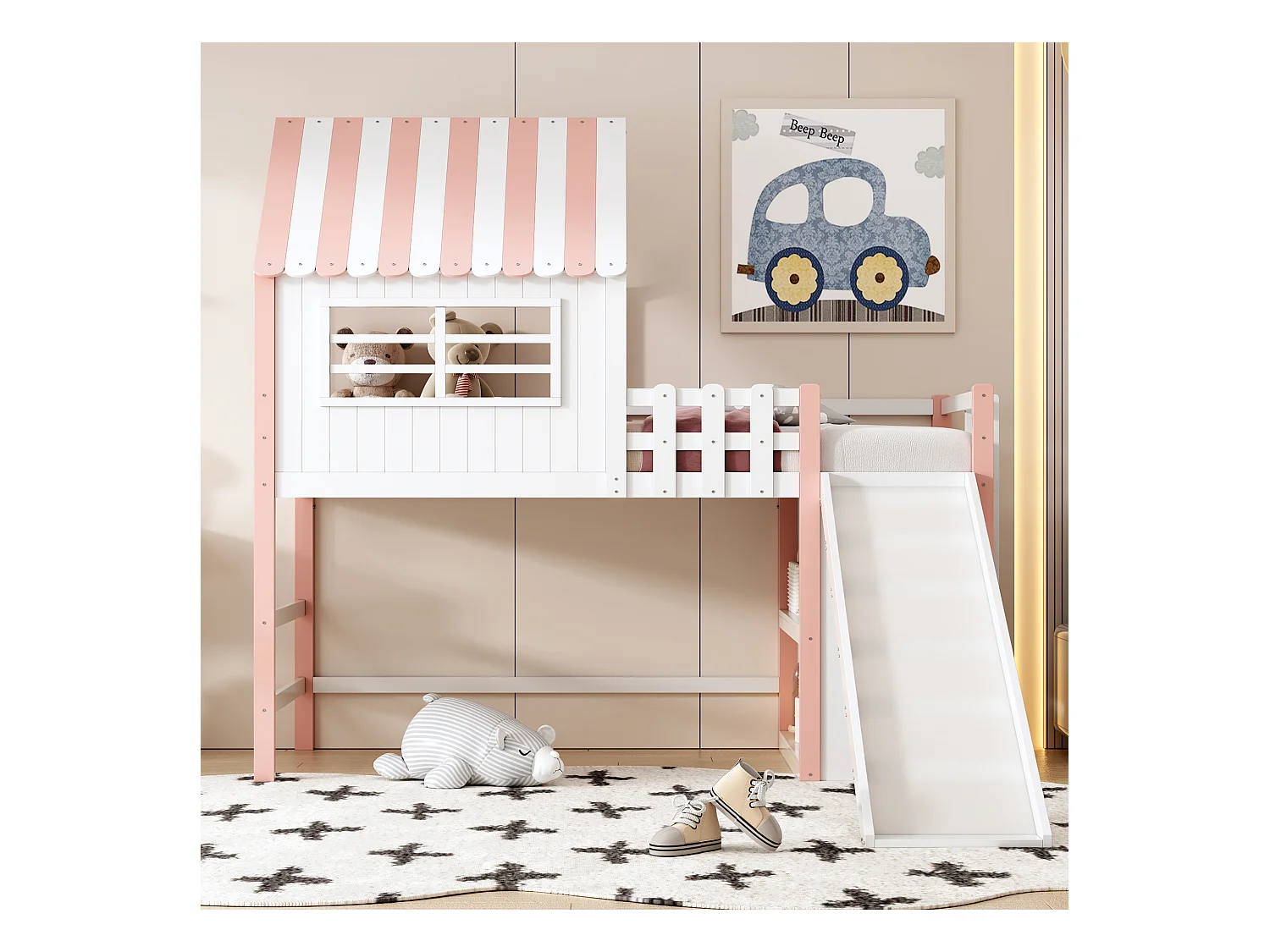 Lit mezzanine enfant 90x200 cm, design toit avec échelle sécurisée et toboggan, rangement multifonction, bois massif, rose (208x219x219cm)