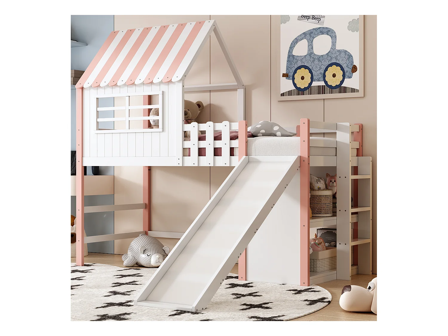 Lit mezzanine enfant 90x200 cm, design toit avec échelle sécurisée et toboggan, rangement multifonction, bois massif, rose (208x219x219cm)