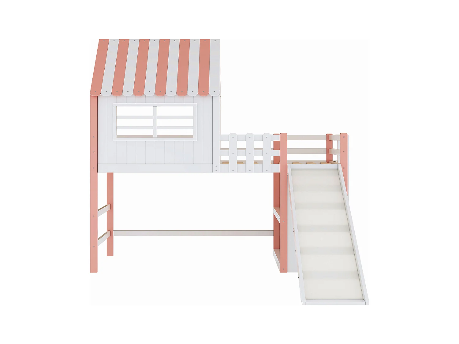 Cama alta infantil de 90 x 200 cm, diseño de techo con escalera y tobogán seguros, almacenamiento multifuncional, madera maciza, rosa (208 x 219 x 219 cm)