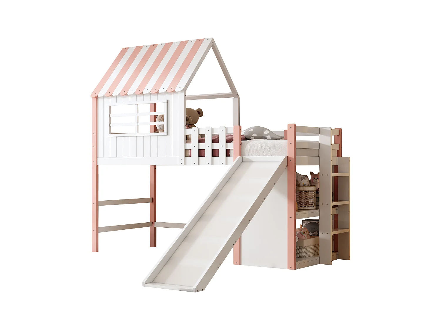Cama alta infantil de 90 x 200 cm, diseño de techo con escalera y tobogán seguros, almacenamiento multifuncional, madera maciza, rosa (208 x 219 x 219 cm)