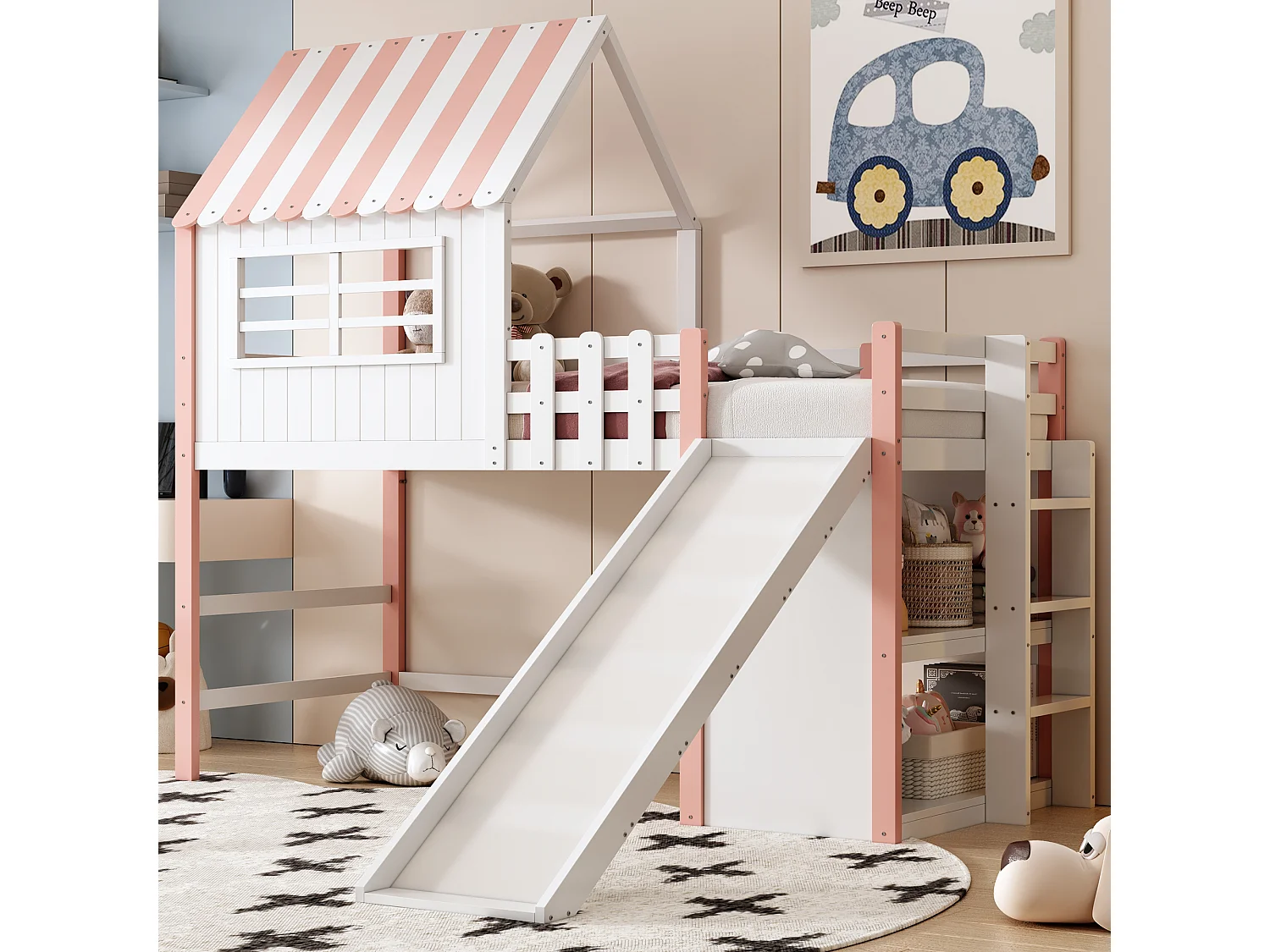 Cama alta infantil de 90 x 200 cm, diseño de techo con escalera y tobogán seguros, almacenamiento multifuncional, madera maciza, rosa (208 x 219 x 219 cm)