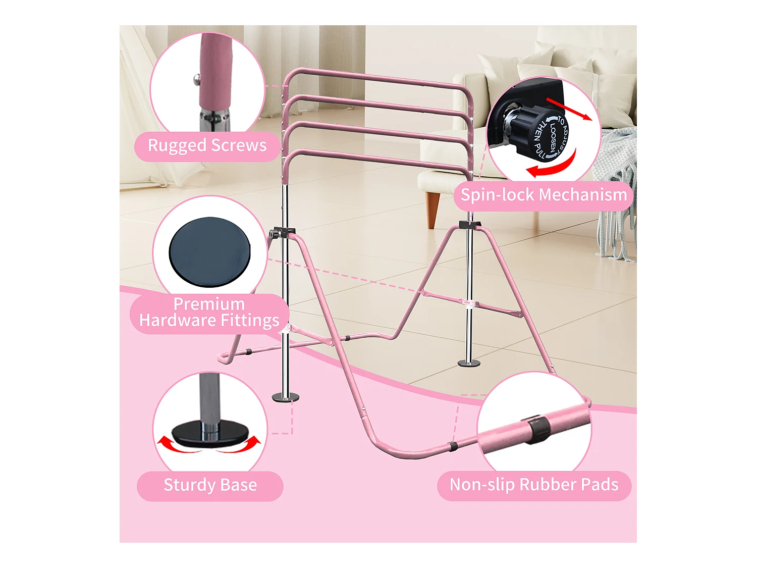 Barre de gymnastique extensible pour enfants, réglable en hauteur, pliable, acier, rose (145x100x130cm)