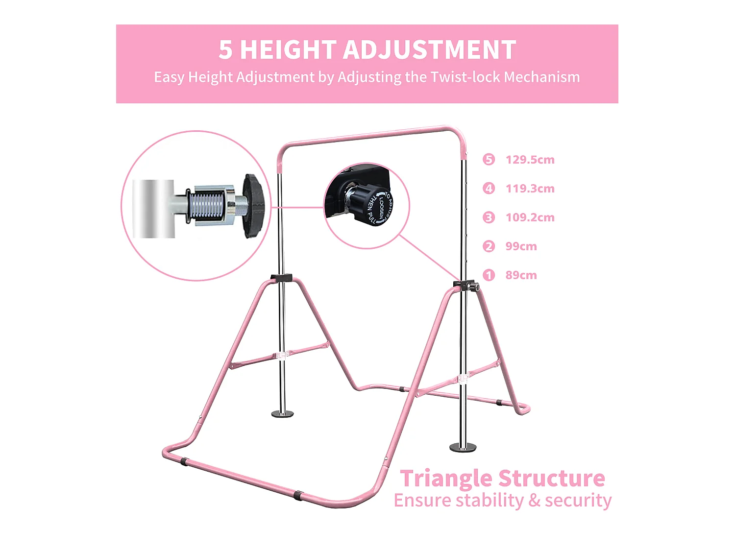 Barre de gymnastique extensible pour enfants, réglable en hauteur, pliable, acier, rose (145x100x130cm)