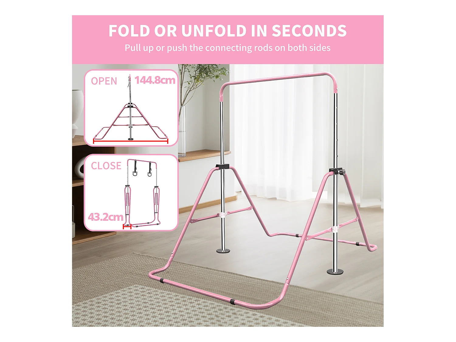 Barre de gymnastique extensible pour enfants, réglable en hauteur, pliable, acier, rose (145x100x130cm)