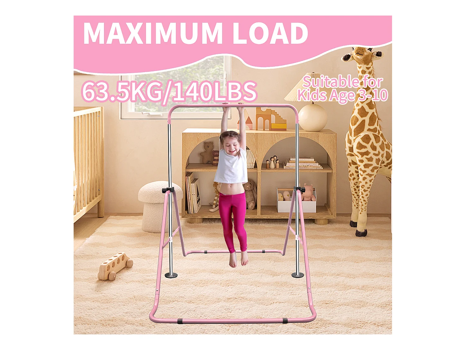 Barre de gymnastique extensible pour enfants, réglable en hauteur, pliable, acier, rose (145x100x130cm)