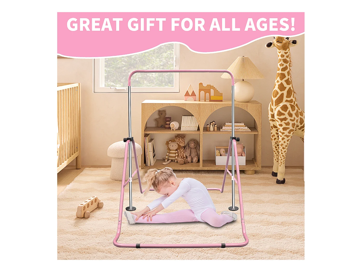 Barre de gymnastique extensible pour enfants, réglable en hauteur, pliable, acier, rose (145x100x130cm)