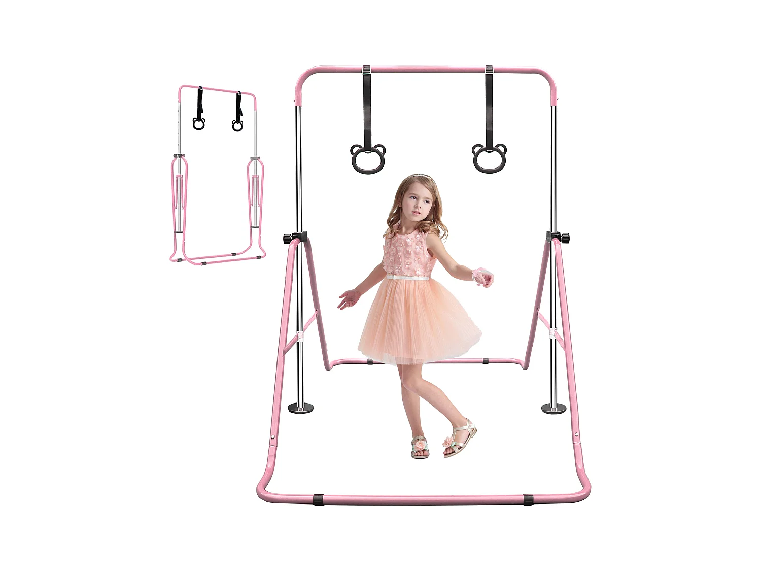 Barra da ginnastica estensibile per bambini, altezza regolabile, pieghevole, acciaio, rosa (145x100x130cm)