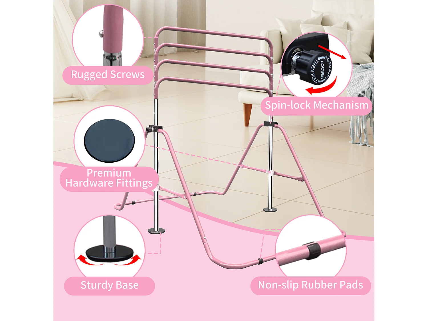 Barre de gymnastique extensible pour enfants, réglable en hauteur, pliable, acier, rose (145x100x130cm)