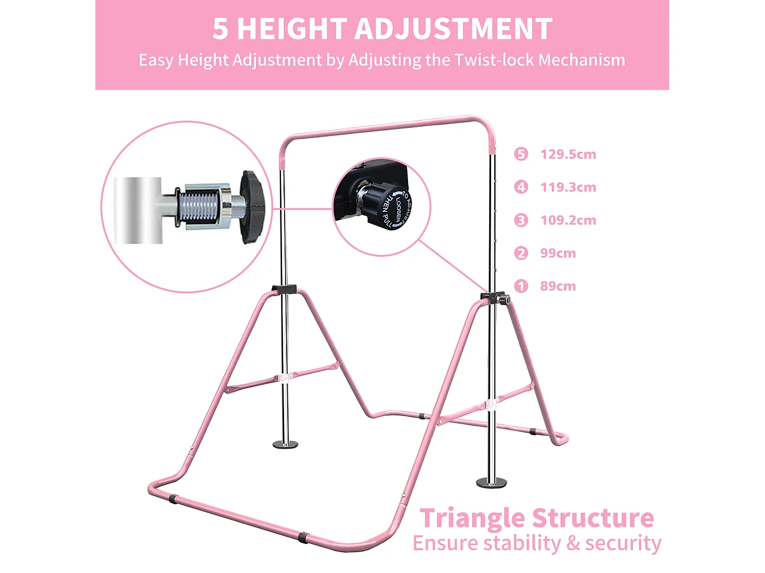 Barre de gymnastique extensible pour enfants, réglable en hauteur, pliable, acier, rose (145x100x130cm)