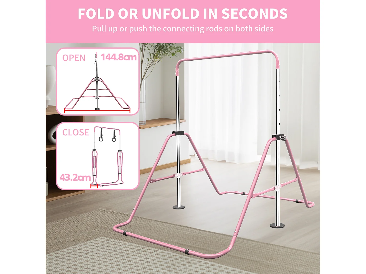 Barre de gymnastique extensible pour enfants, réglable en hauteur, pliable, acier, rose (145x100x130cm)