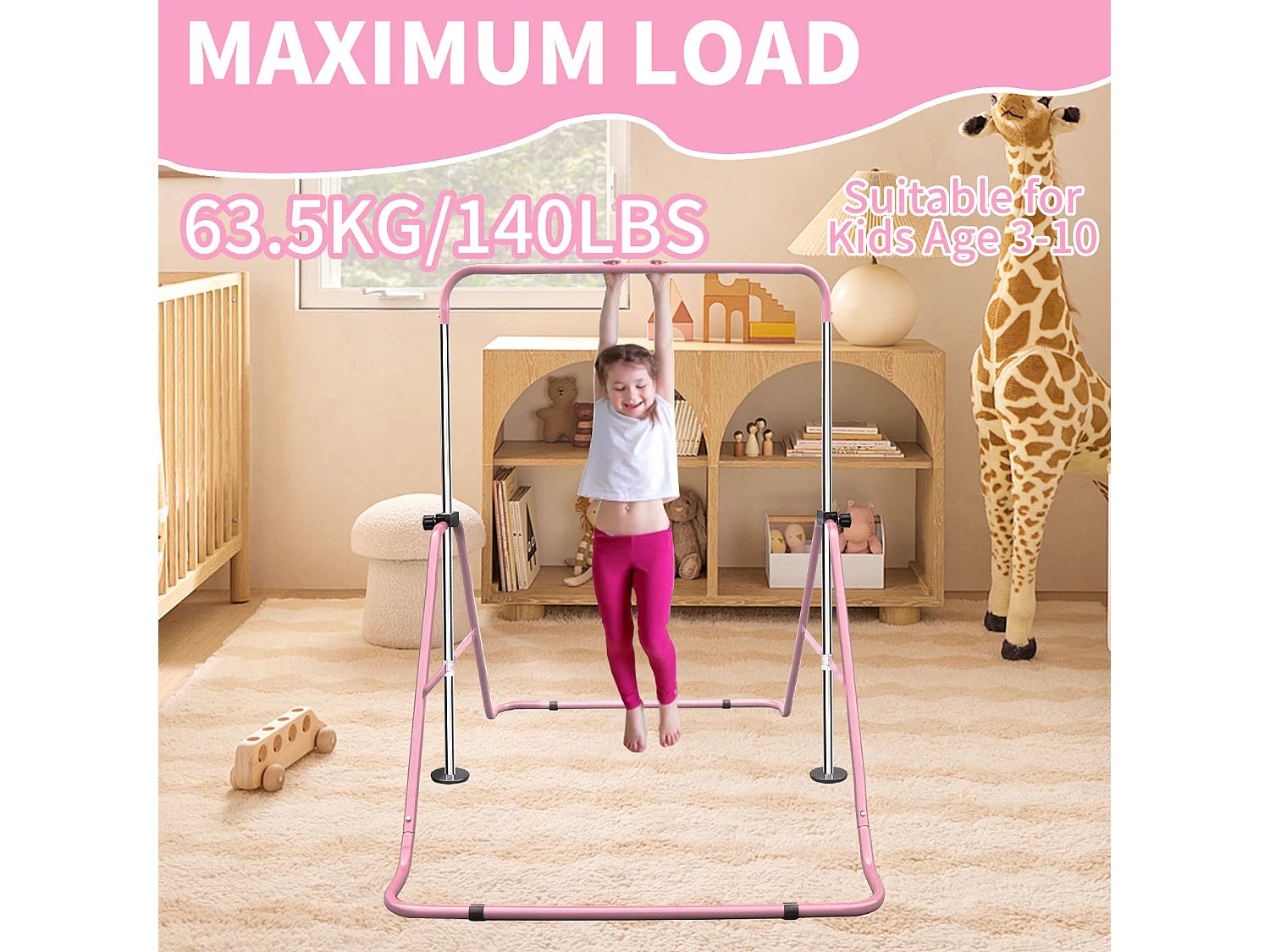 Barre de gymnastique extensible pour enfants, réglable en hauteur, pliable, acier, rose (145x100x130cm)