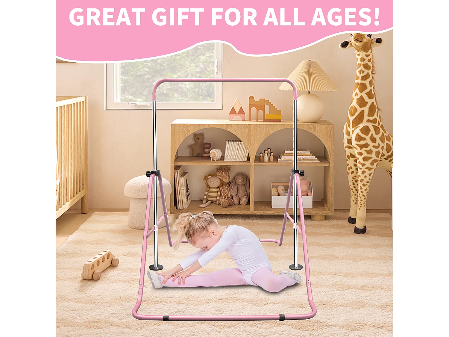Barre de gymnastique extensible pour enfants, réglable en hauteur, pliable, acier, rose (145x100x130cm)