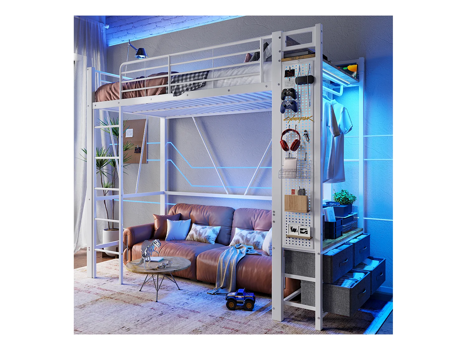 Lit mezzanine avec rangement, cadre en métal, blanc, avec 4 tiroirs, USB+TYPE-C, barre LED (90x200x180cm)