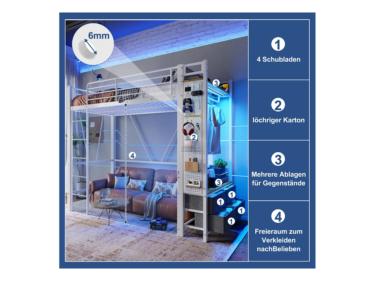 Lit mezzanine avec rangement, cadre en métal, blanc, avec 4 tiroirs, USB+TYPE-C, barre LED (90x200x180cm)