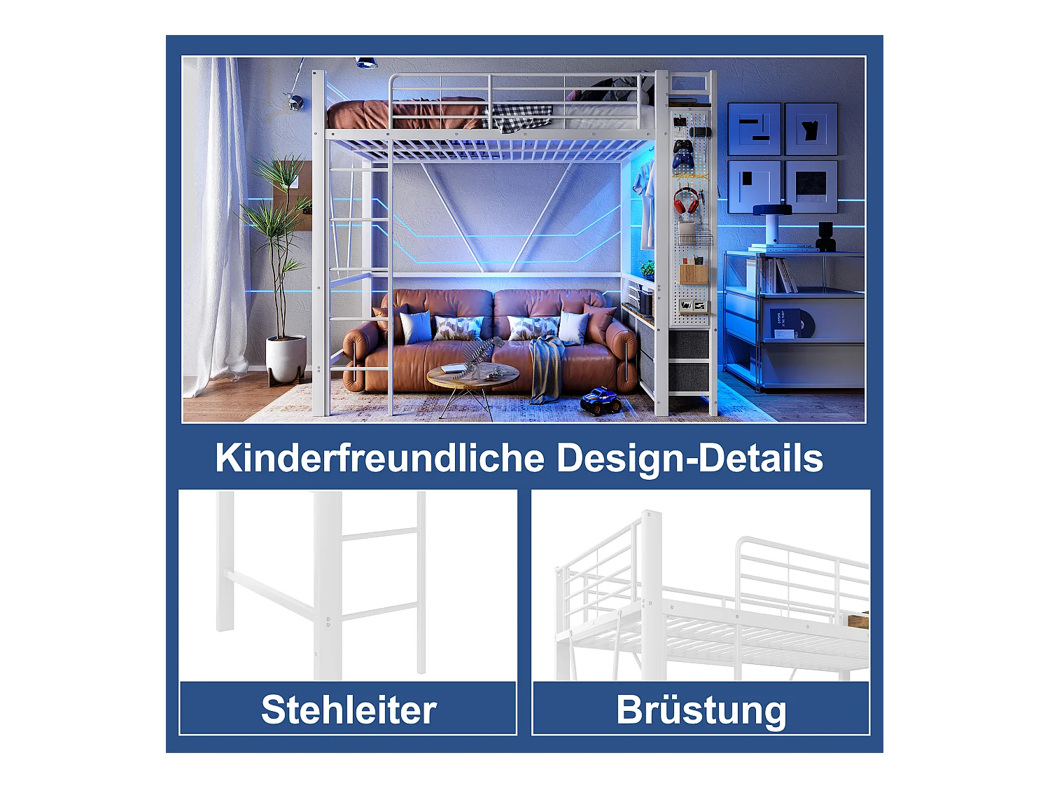 Lit mezzanine avec rangement, cadre en métal, blanc, avec 4 tiroirs, USB+TYPE-C, barre LED (90x200x180cm)