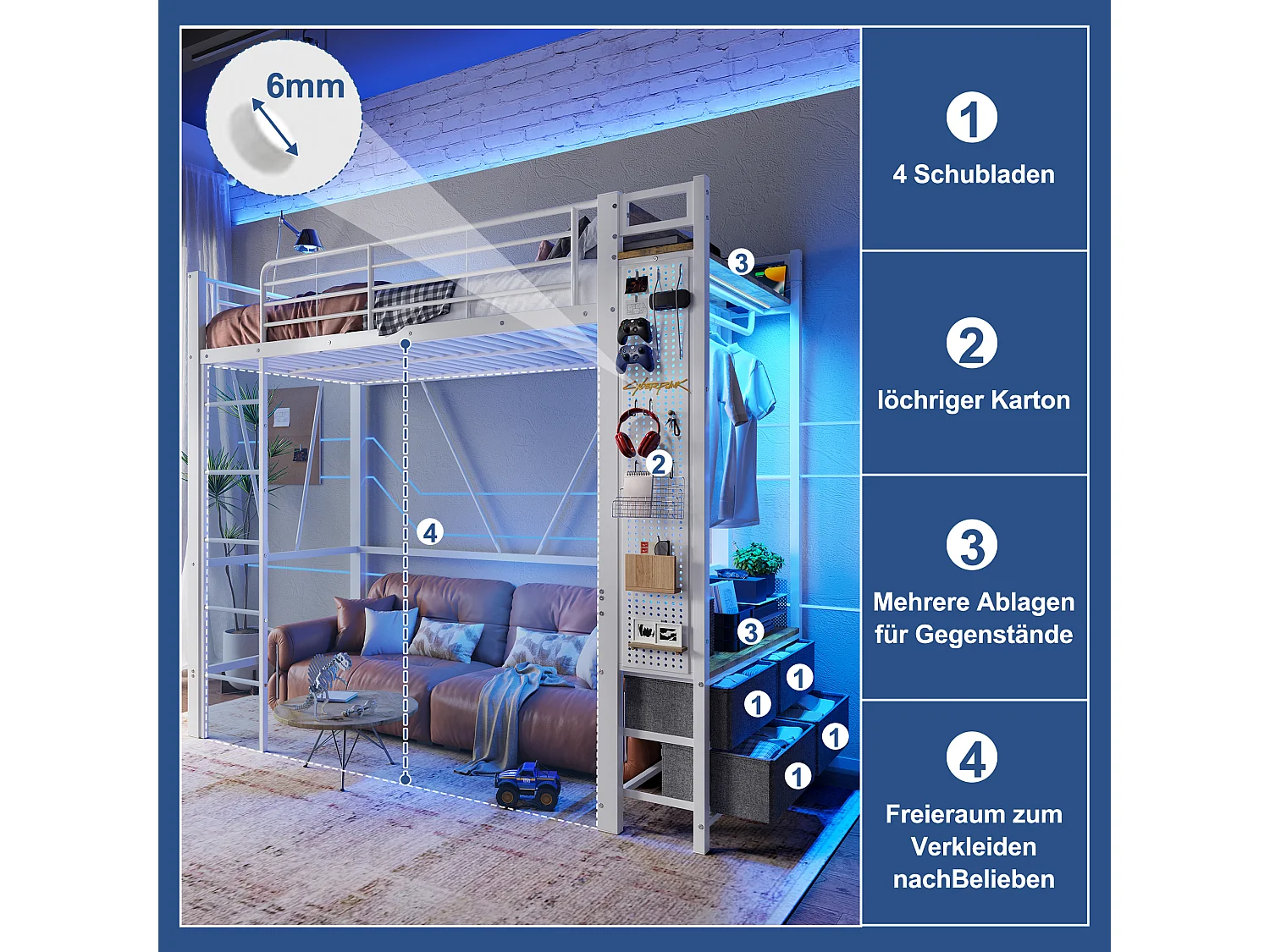 Hoogslaper met opbergruimte, metalen frame, wit, met 4 lades, USB+TYPE-C, LED-balk (90x200x180cm)