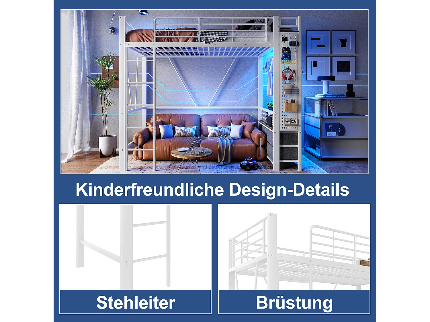 Hoogslaper met opbergruimte, metalen frame, wit, met 4 lades, USB+TYPE-C, LED-balk (90x200x180cm)