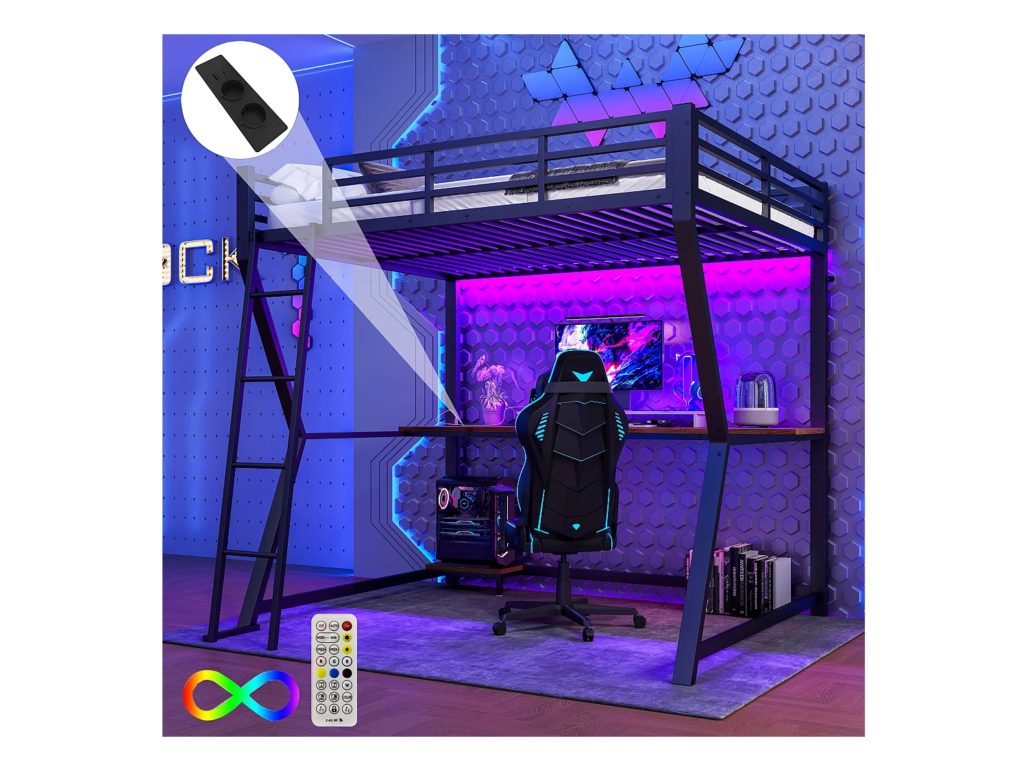 Lit mezzanine avec bureau intégré, éclairage LED, tablette pour ordinateur, prises USB, métal et MDF, noir (204.5x145.5x177.5cm)