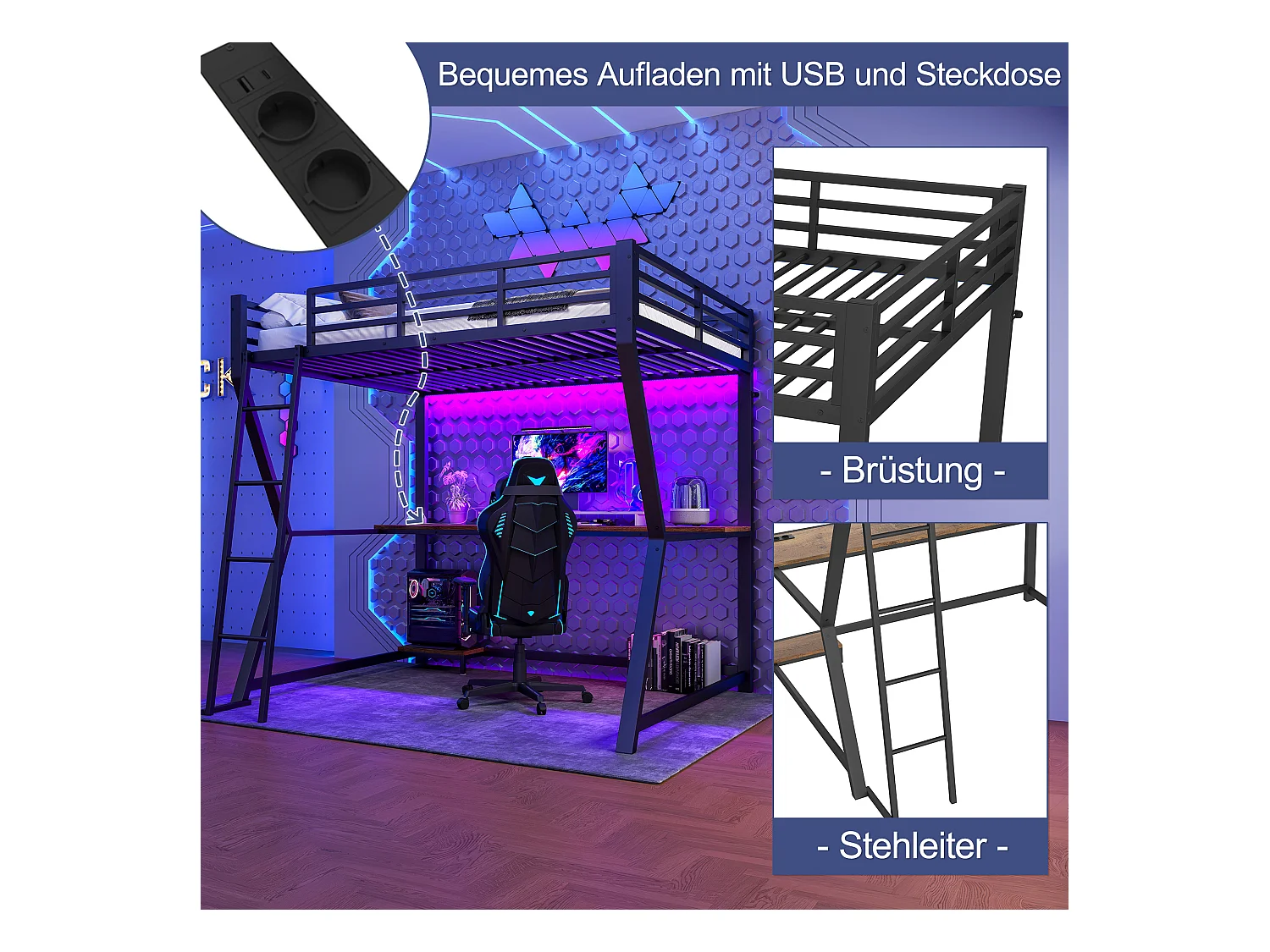 Lit mezzanine avec bureau intégré, éclairage LED, tablette pour ordinateur, prises USB, métal et MDF, noir (204.5x145.5x177.5cm)