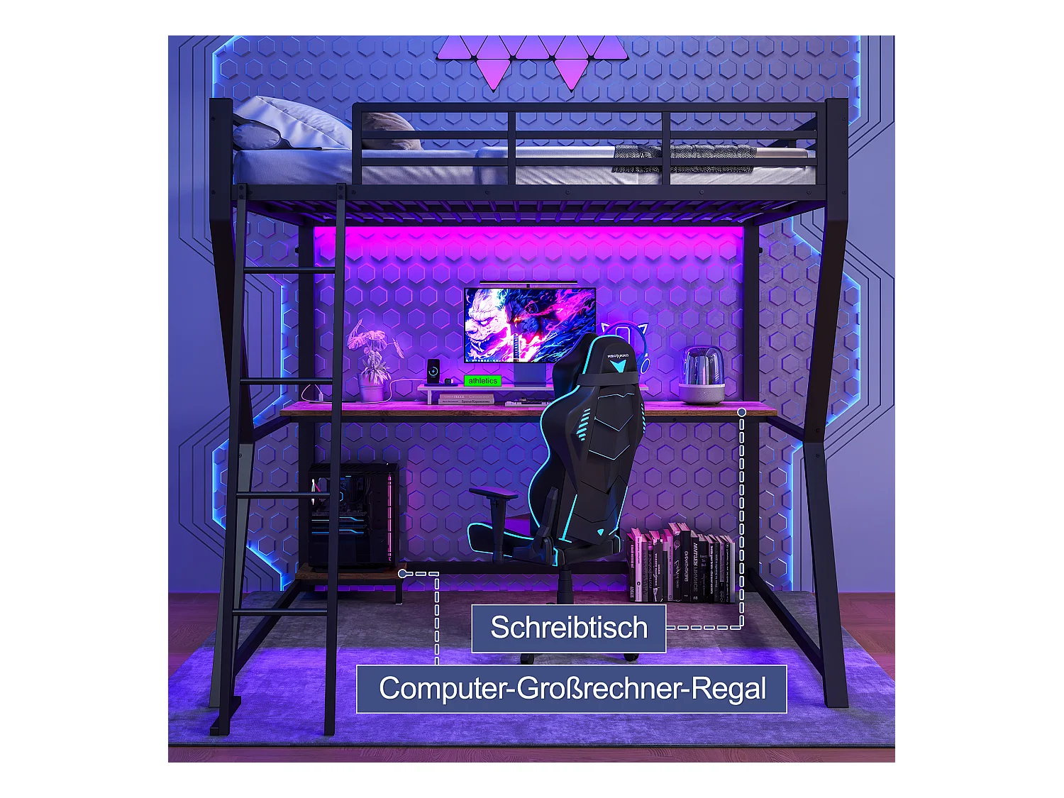 Lit mezzanine avec bureau intégré, éclairage LED, tablette pour ordinateur, prises USB, métal et MDF, noir (204.5x145.5x177.5cm)