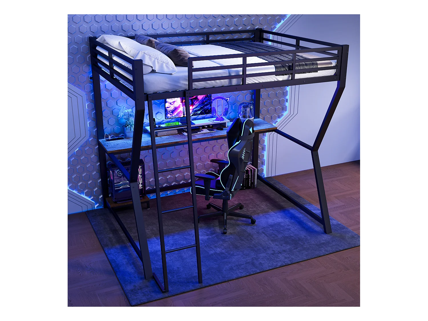 Lit mezzanine avec bureau intégré, éclairage LED, tablette pour ordinateur, prises USB, métal et MDF, noir (204.5x145.5x177.5cm)