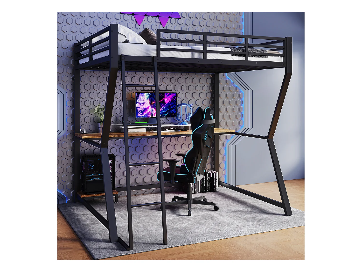 Lit mezzanine avec bureau intégré, éclairage LED, tablette pour ordinateur, prises USB, métal et MDF, noir (204.5x145.5x177.5cm)