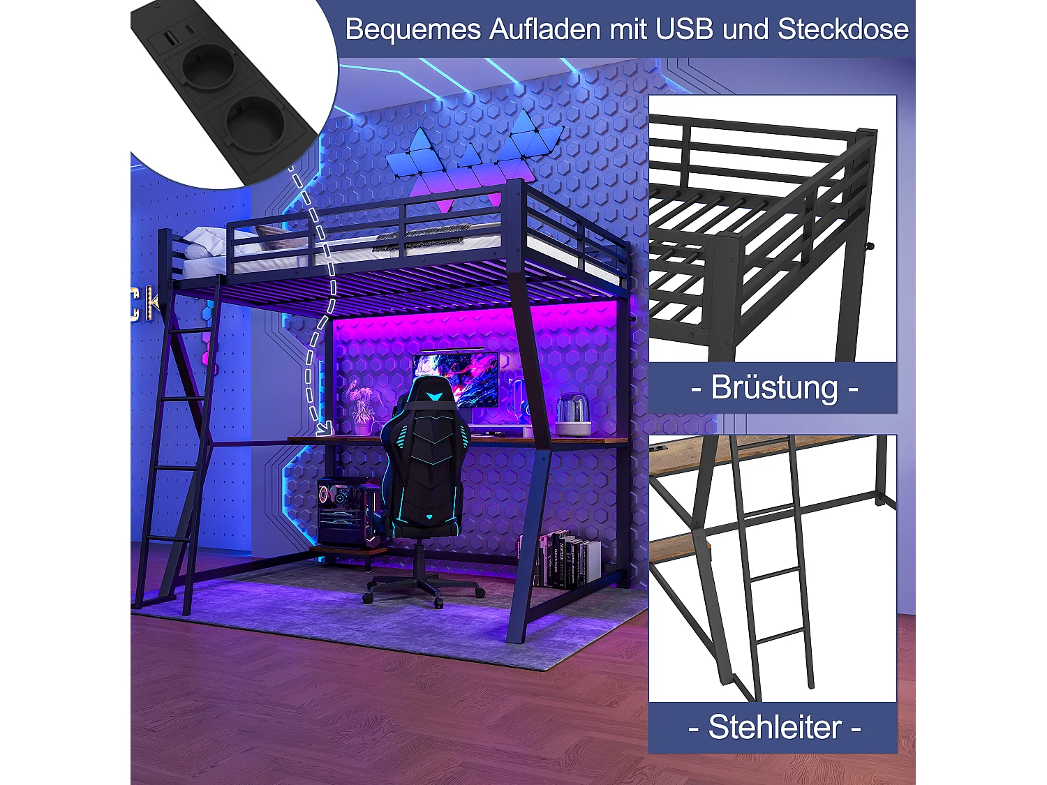 Lit mezzanine avec bureau intégré, éclairage LED, tablette pour ordinateur, prises USB, métal et MDF, noir (204.5x145.5x177.5cm)