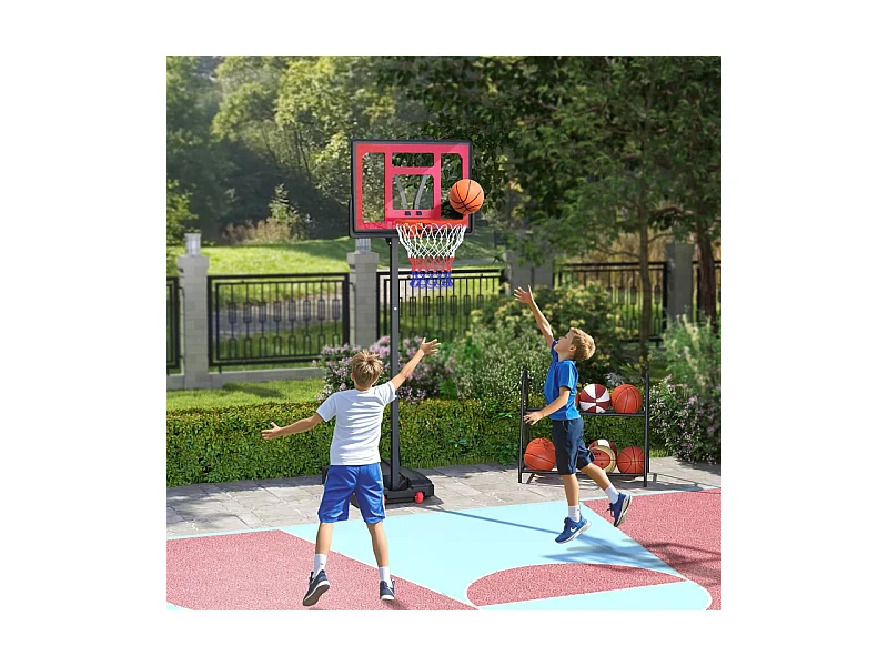 Panier de basket réglable pour enfants, hauteur ajustable 200-260 cm, avec roues et base lestée, plastique, rouge (83x2x310 cm)