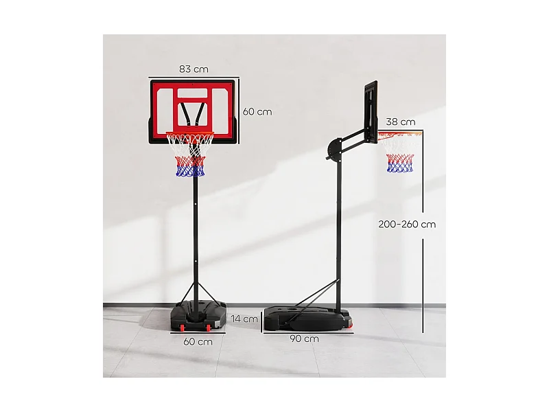 Panier de basket réglable pour enfants, hauteur ajustable 200-260 cm, avec roues et base lestée, plastique, rouge (83x2x310 cm)