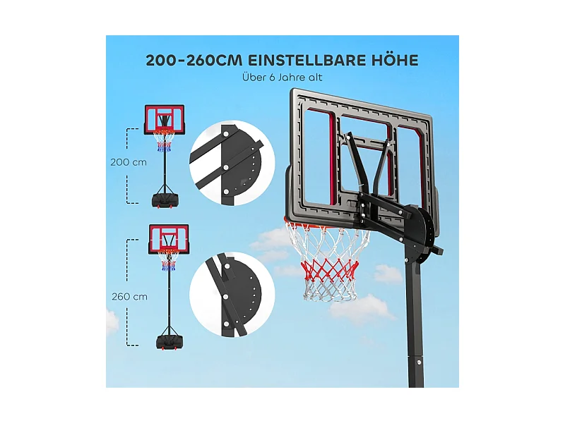 Panier de basket réglable pour enfants, hauteur ajustable 200-260 cm, avec roues et base lestée, plastique, rouge (83x2x310 cm)