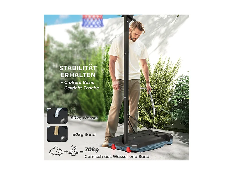 Panier de basket réglable pour enfants, hauteur ajustable 200-260 cm, avec roues et base lestée, plastique, rouge (83x2x310 cm)