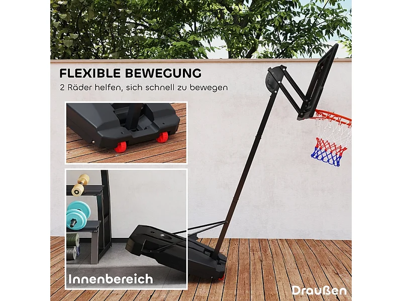 Panier de basket réglable pour enfants, hauteur ajustable 200-260 cm, avec roues et base lestée, plastique, rouge (83x2x310 cm)