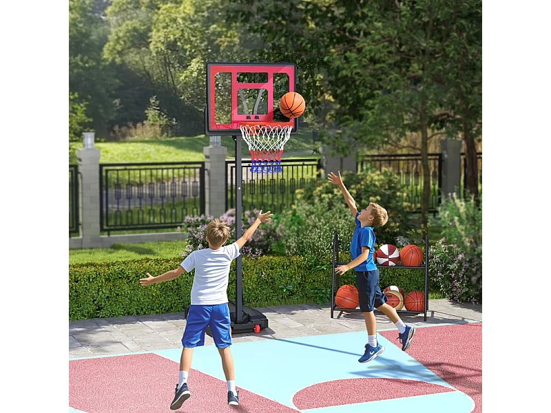 Panier de basket réglable pour enfants, hauteur ajustable 200-260 cm, avec roues et base lestée, plastique, rouge (83x2x310 cm)