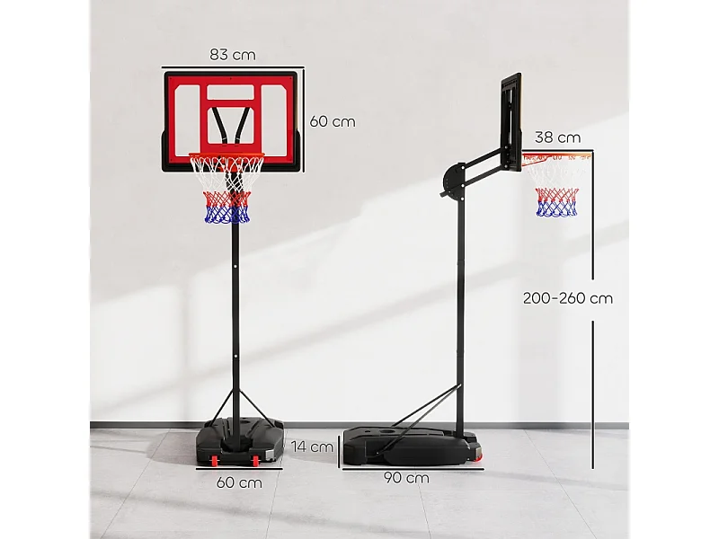 Panier de basket réglable pour enfants, hauteur ajustable 200-260 cm, avec roues et base lestée, plastique, rouge (83x2x310 cm)