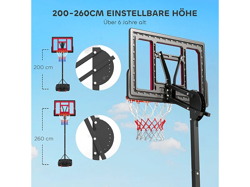 Panier de basket réglable pour enfants, hauteur ajustable 200-260 cm, avec roues et base lestée, plastique, rouge (83x2x310 cm)