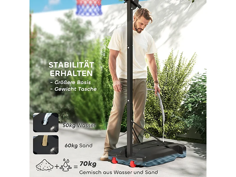 Panier de basket réglable pour enfants, hauteur ajustable 200-260 cm, avec roues et base lestée, plastique, rouge (83x2x310 cm)