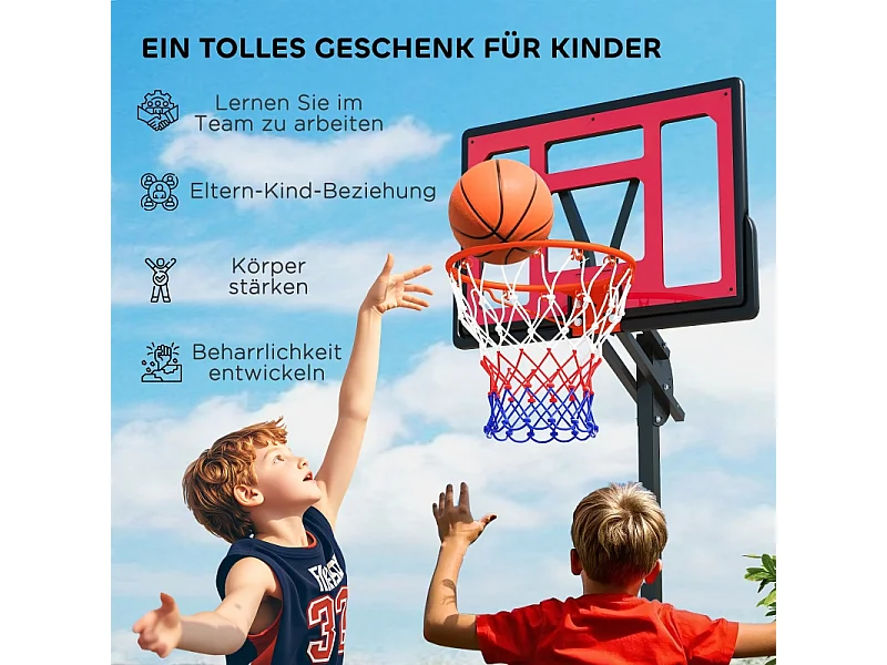 Panier de basket réglable pour enfants, hauteur ajustable 200-260 cm, avec roues et base lestée, plastique, rouge (83x2x310 cm)