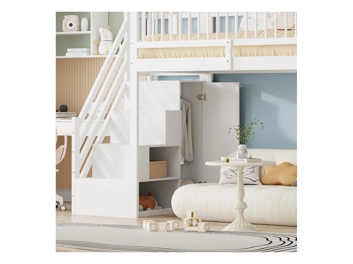 Lit mezzanine sécurisé avec armoire, étagères et espace de rangement, échelle de sécurité, bois massif, blanc (254x96x169cm)