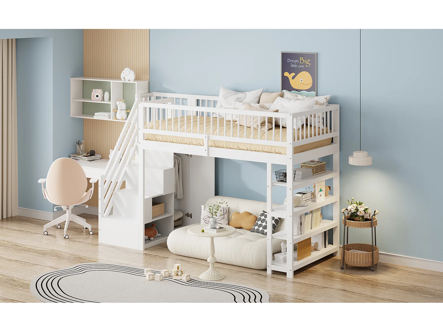 Lit mezzanine sécurisé avec armoire, étagères et espace de rangement, échelle de sécurité, bois massif, blanc (254x96x169cm)