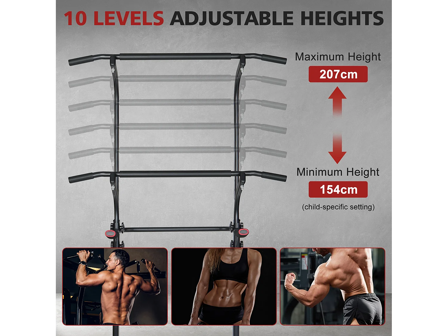 Station d'entraînement multifonction réglable en hauteur, barre de traction et dips, acier, noir (120x40x11 cm)