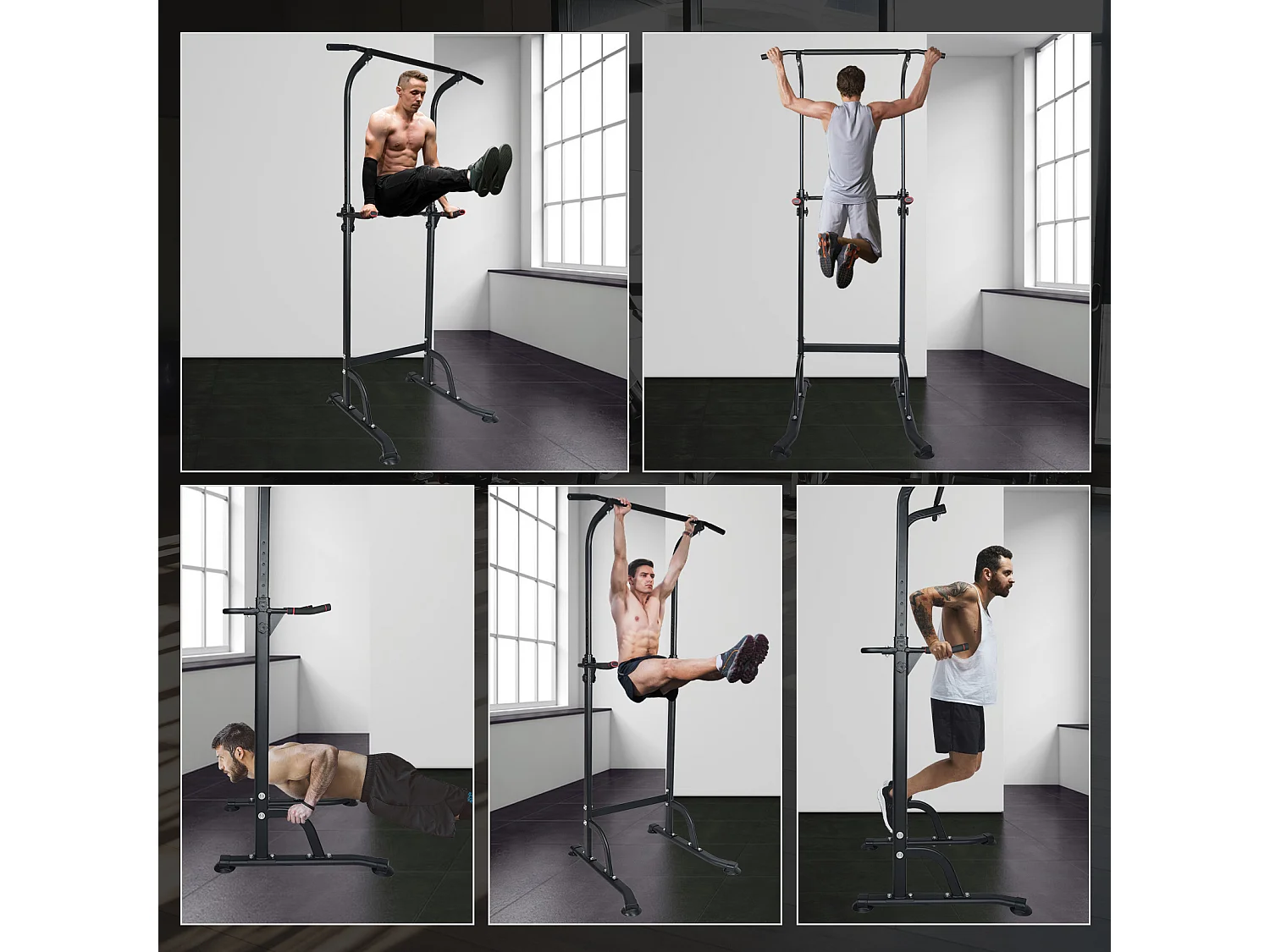 Station d'entraînement multifonction réglable en hauteur, barre de traction et dips, acier, noir (120x40x11 cm)