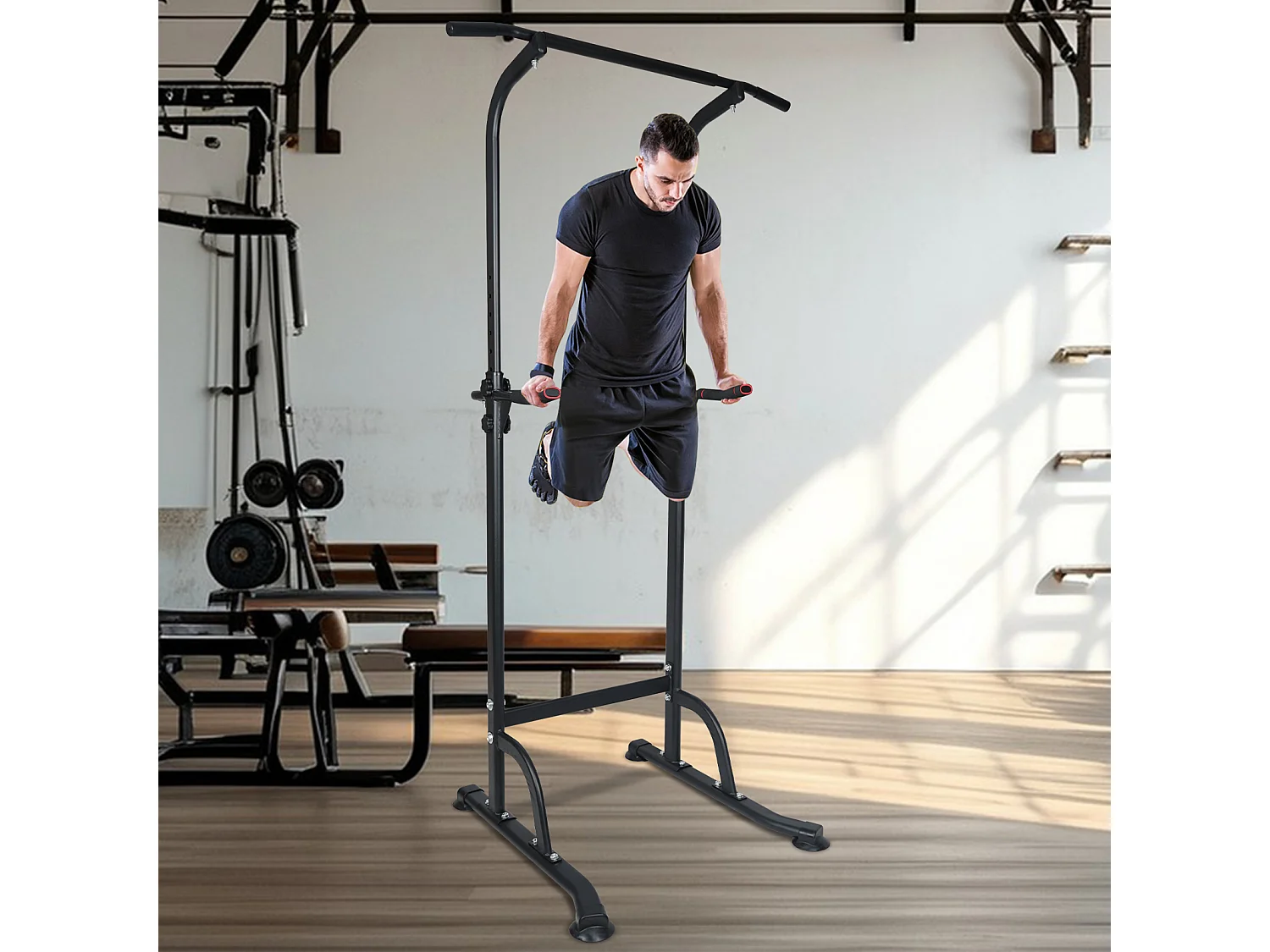 Station d'entraînement multifonction réglable en hauteur, barre de traction et dips, acier, noir (120x40x11 cm)