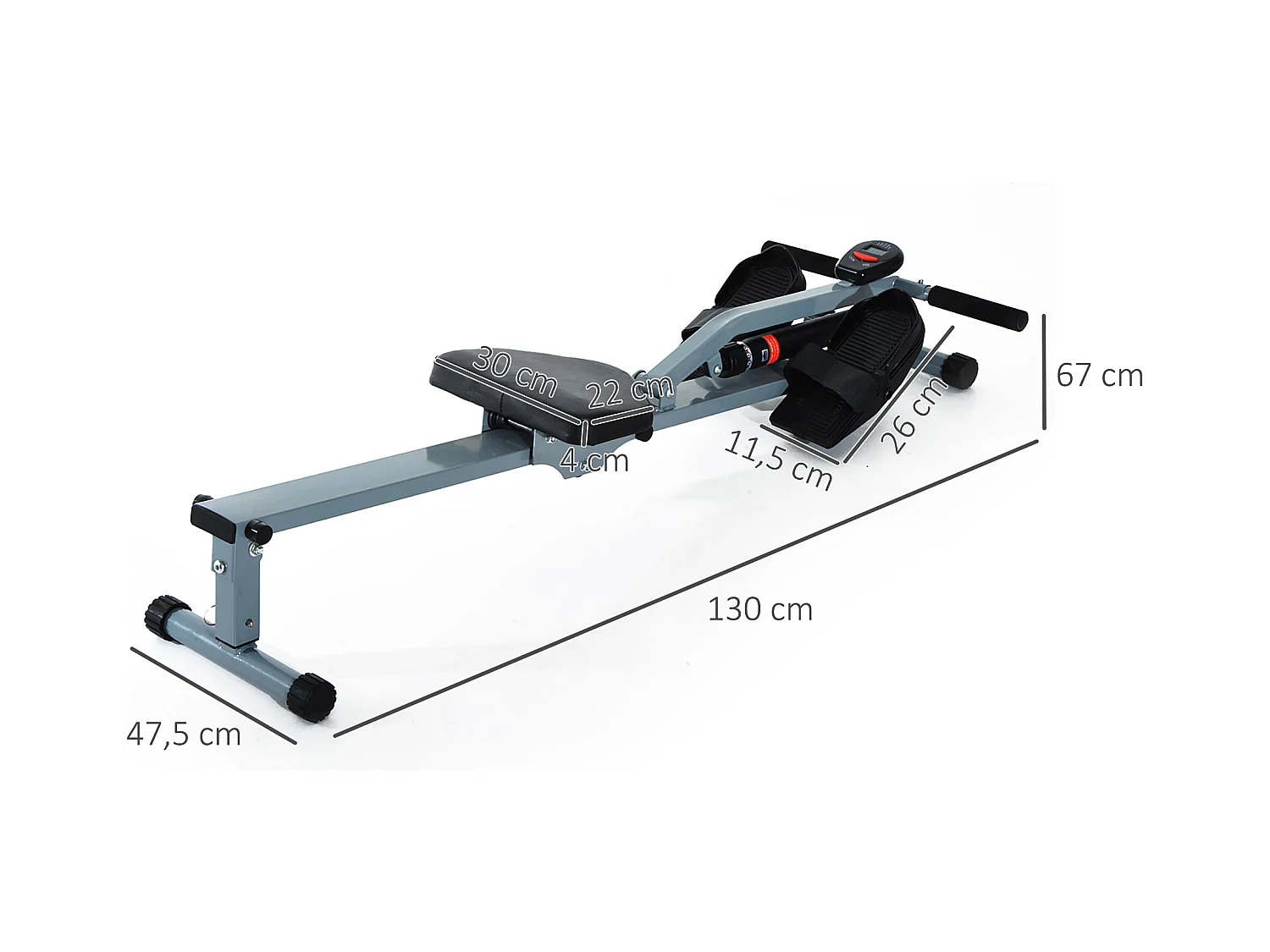Rameur Réglable avec Affichage LCD, Acier et PVC, Gris (130x47.5x67 cm)