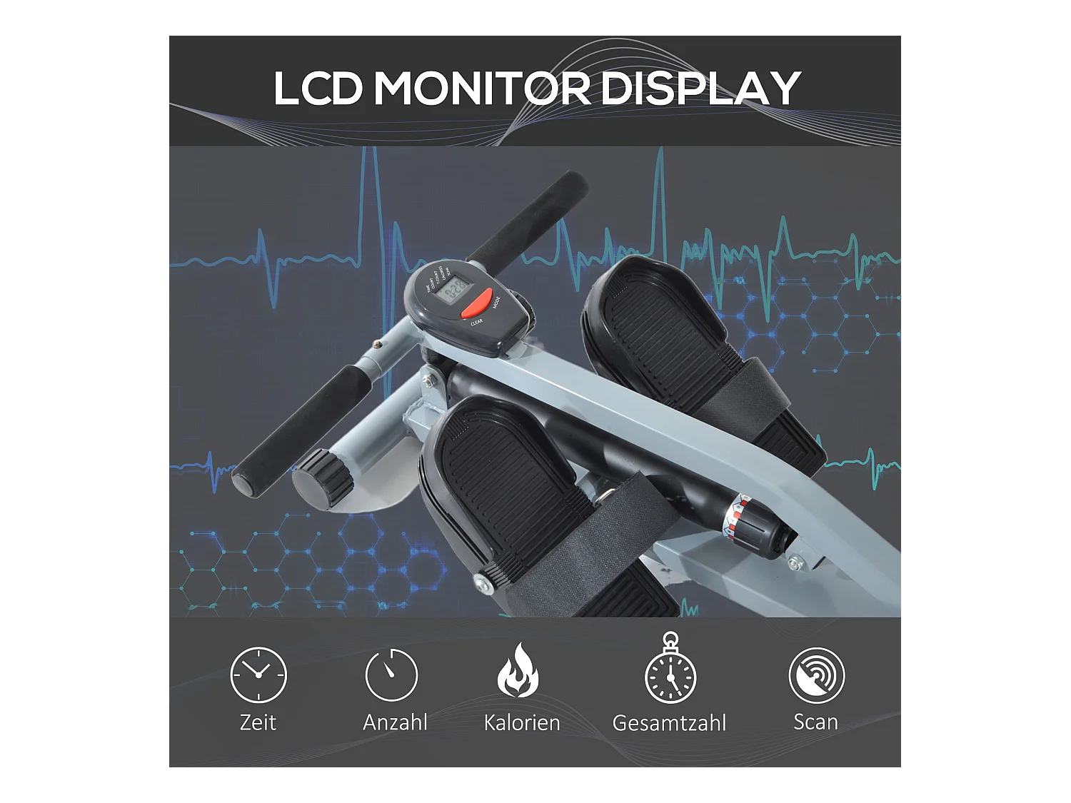 Rameur Réglable avec Affichage LCD, Acier et PVC, Gris (130x47.5x67 cm)