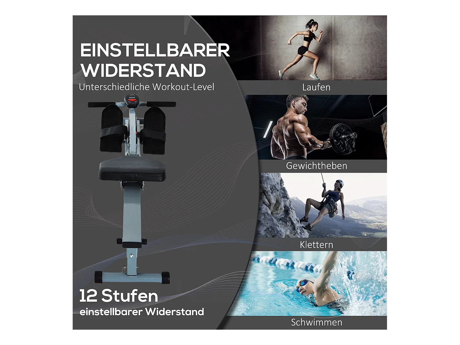 Rameur Réglable avec Affichage LCD, Acier et PVC, Gris (130x47.5x67 cm)