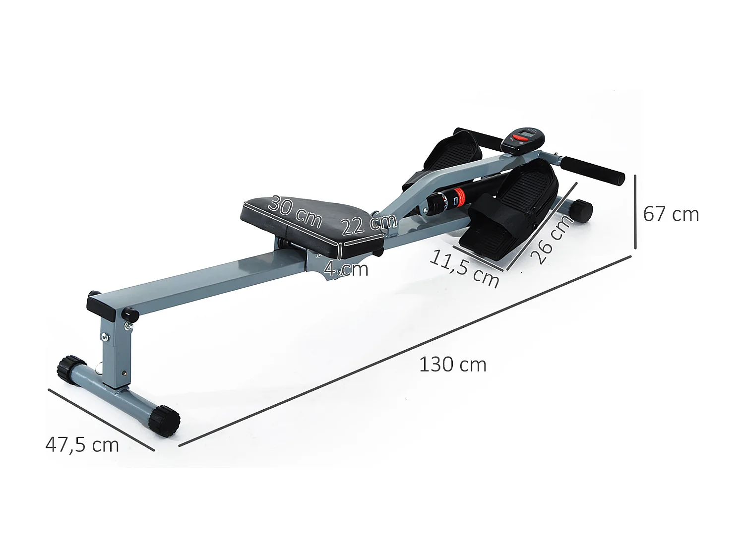 Rameur Réglable avec Affichage LCD, Acier et PVC, Gris (130x47.5x67 cm)