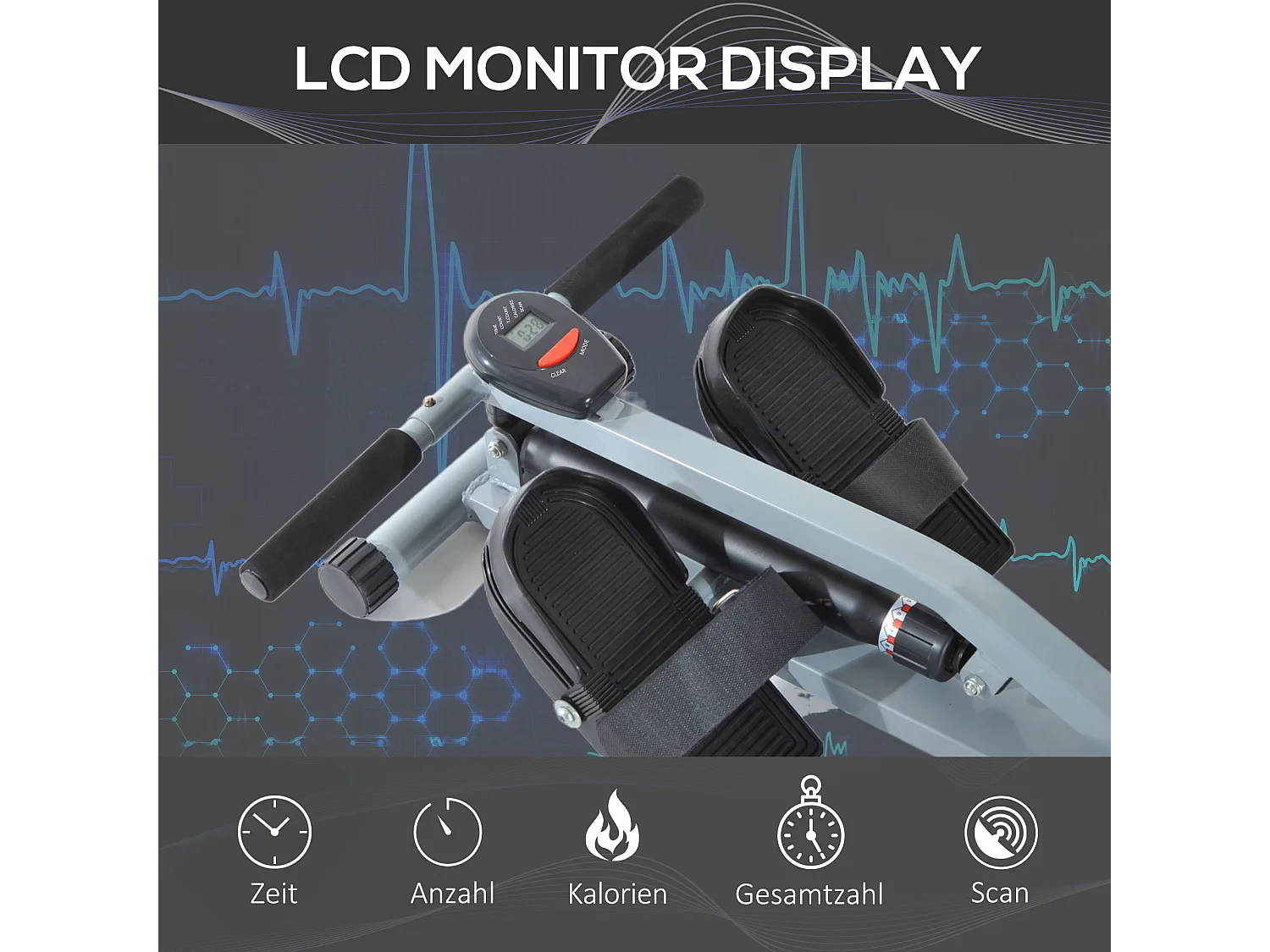 Rameur Réglable avec Affichage LCD, Acier et PVC, Gris (130x47.5x67 cm)