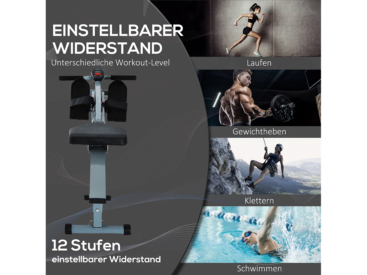 Rameur Réglable avec Affichage LCD, Acier et PVC, Gris (130x47.5x67 cm)