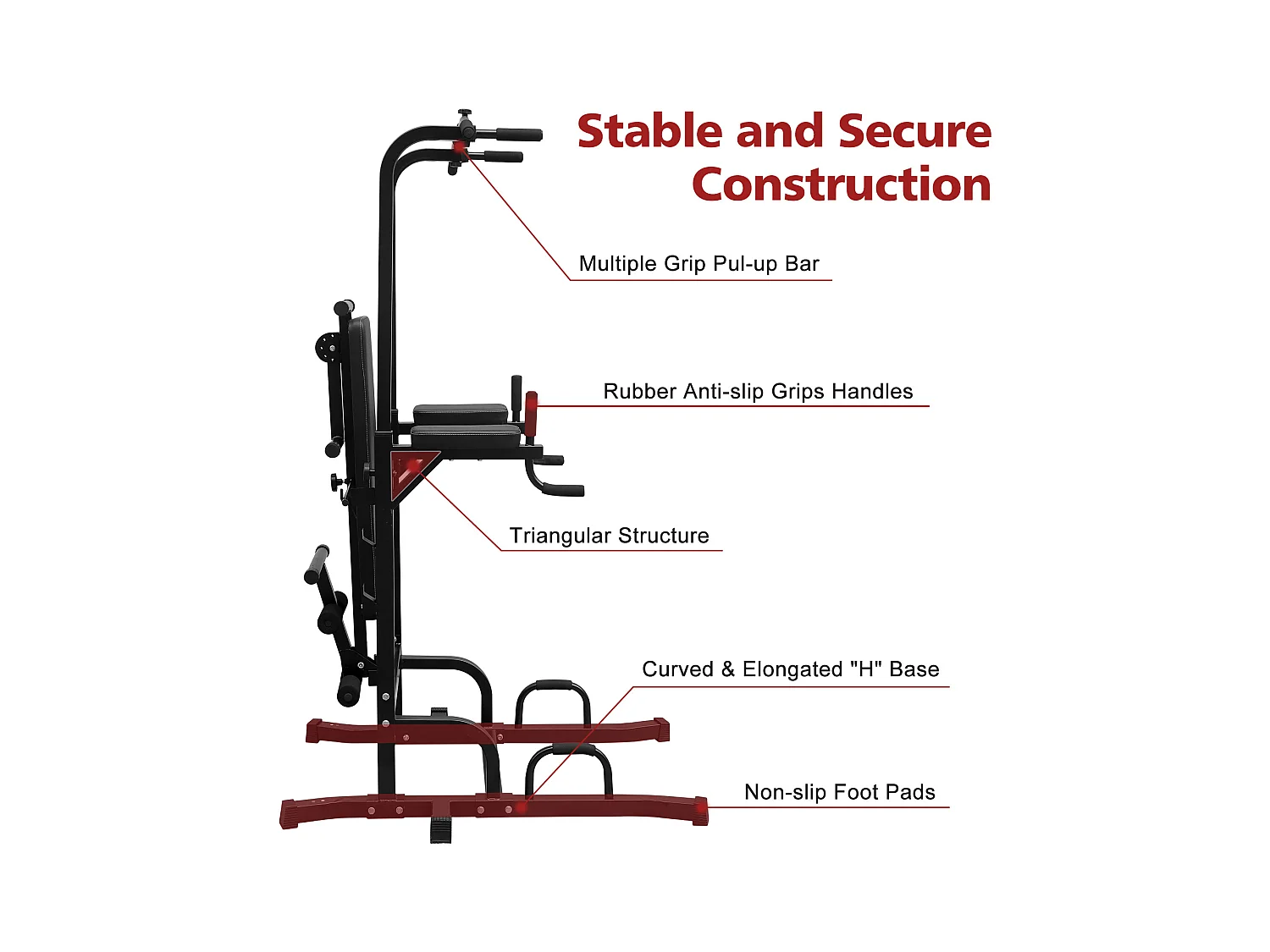 Station de fitness multifonction avec banc, barre de traction et barres parallèles, hauteur réglable, acier, noir (224.8x97x207cm)